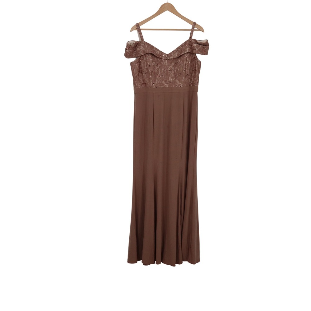 R&M Richards Gown Womens 14P Cold Shoulder Lace Sequin Brown Formal Good